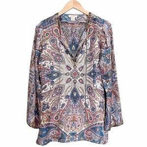 Sundance Silk Paisley Boho Beaded Peasant Tunic Blue Multi Women’s Size Medium